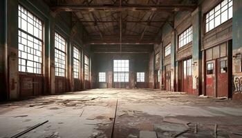 AI generated Empty, old, ruined factory broken, rusty, damaged flooring generated by AI photo