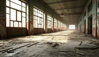 AI generated Empty, old, ruined factory dark, spooky, broken windows generated by AI photo