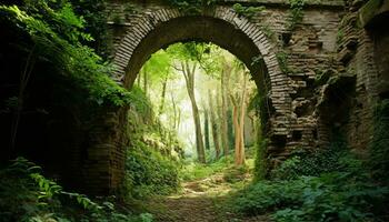 AI generated Ancient stone bridge connects nature green forest generated by AI photo