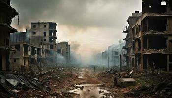 ai generado arruinado edificio, destrucción, sucio ambiente, ardiente paisaje urbano generado por ai foto