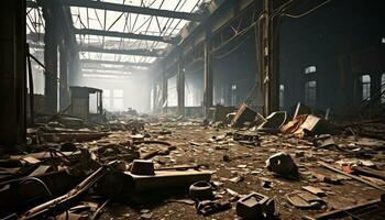 AI generated Ruined factory, broken windows, rusty metal, messy environment generated by AI photo