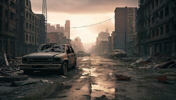 AI generated Dirty car speeds through abandoned city streets at dusk generated by AI photo