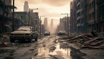 ai generado sucio ciudad calles reflejar el arruinado, abandonado edificios generado por ai foto