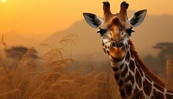 AI generated Giraffe standing in the African savannah at sunset generated by AI photo