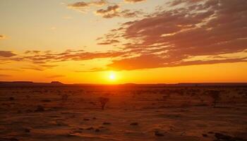 ai generado puesta de sol terminado africano sabana, naturaleza tranquilo dorado belleza generado por ai foto