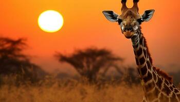 ai generado majestuoso jirafa en pie en africano desierto a puesta de sol generado por ai foto