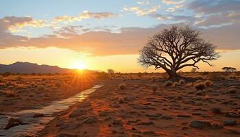 ai generado puesta de sol terminado el africano sabana, un tranquilo paisaje generado por ai foto