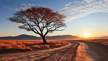 AI generated Sunset over the African savannah, a tranquil beauty generated by AI photo