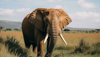 AI generated African elephant walking in the wild, grazing peacefully generated by AI photo