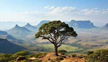 ai generado majestuoso montaña cima, verde bosque, azul cielo generado por ai foto