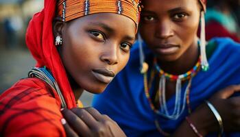 ai generado sonriente africano niños unión en tradicional ropa generado por ai foto