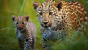 ai generado majestuoso leopardo caminando en africano sabana, curioso generado por ai foto