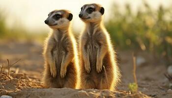 AI generated Cute meerkat family standing, watching, alert in Africa generated by AI photo