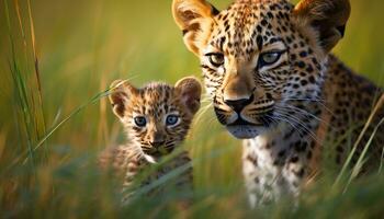 ai generado linda leopardo cachorro ocultación, mirando a cámara generado por ai foto