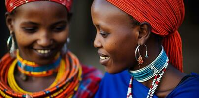 ai generado sonriente africano mujer en tradicional ropa, al aire libre, collar generado por ai foto