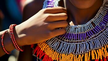 AI generated Young woman smiling, holding colorful indigenous bracelet generated by AI photo