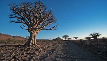 AI generated Silhouette of tree on mountain, tranquil summer dusk generated by AI photo