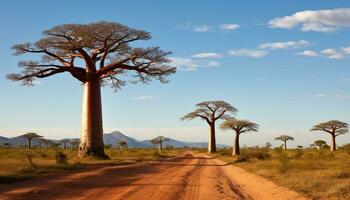 ai generado sabana atardecer, acacia árbol, fauna silvestre vagar, polvoriento la carretera generado por ai foto