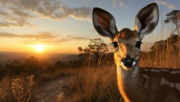 ai generado puesta de sol en África, un con cuernos ciervo soportes orgulloso generado por ai foto
