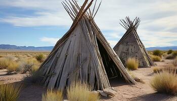 ai generado abandonado choza en seco paisaje, antiguo indígena cultura generado por ai foto