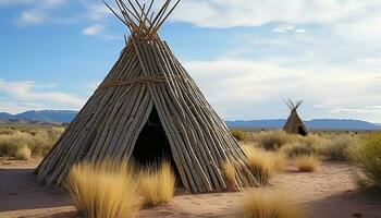 AI generated Indigenous hut on dry grass, remote landscape generated by AI photo