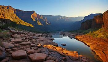 AI generated Majestic mountain peak reflects in tranquil blue water generated by AI photo