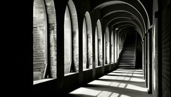 AI generated Ancient arches lead to a dimly lit corridor generated by AI photo