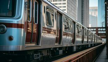 AI generated Modern city life, rush hour traffic, subway train generated by AI photo