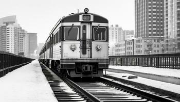 AI generated Snow covered railroad tracks in a bustling city generated by AI photo