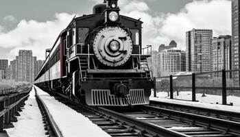 ai generado vapor tren en ferrocarril pista en Nevado Alberta generado por ai foto