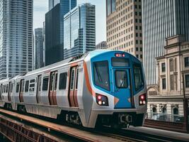 AI generated Modern subway train speeds through city traffic generated by AI photo