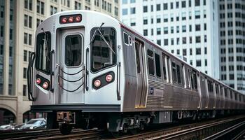 AI generated Subway train speeds through city, illuminating skyscrapers generated by AI photo