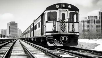 ai generado viajero diario al trabajo tren velocidades mediante ciudad, desvanecimiento dentro horizonte generado por ai foto