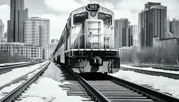 ai generado nieve cubierto ferrocarril pista, tren exceso de velocidad mediante invierno generado por ai foto