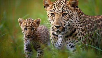 ai generado majestuoso leopardo caminando en el africano desierto generado por ai foto