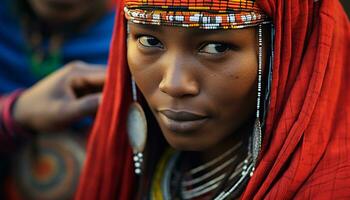 ai generado joven africano mujer en tradicional ropa, sonriente a cámara generado por ai foto
