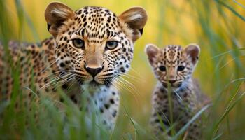 ai generado leopardo en césped, curioso, salvaje belleza en naturaleza generado por ai foto