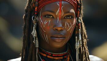 ai generado joven africano mujer en tradicional ropa sonriente al aire libre generado por ai foto