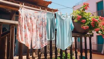 AI generated Freshly dried clothes hanging in rustic countryside generated by AI photo