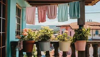 AI generated Fresh green plants adorn rustic cottage window sill generated by AI photo