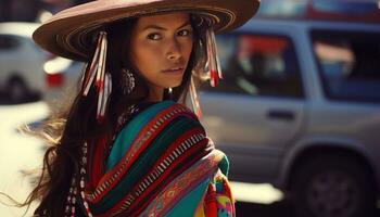 ai generado sonriente joven mujer en tradicional ropa, mirando a cámara generado por ai foto
