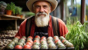 AI generated Smiling senior farmer holding fresh organic vegetables generated by AI photo