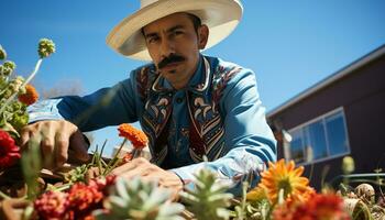 ai generado sonriente hombre participación flor maceta, disfrutando jardinería generado por ai foto