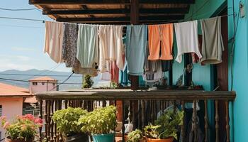 AI generated Rustic balcony, fresh flower pot, drying clothesline generated by AI photo