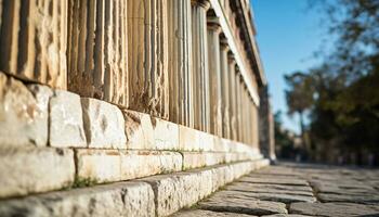 AI generated Ancient stone wall, nature backdrop, vanishing point generated by AI photo