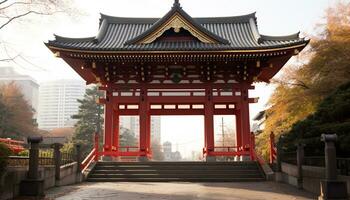 AI generated Ancient pagoda stands tall in tranquil autumn forest generated by AI photo