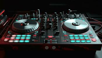 AI generated Nightclub mixing turntable, nightlife equipment, party sound mixer generated by AI photo