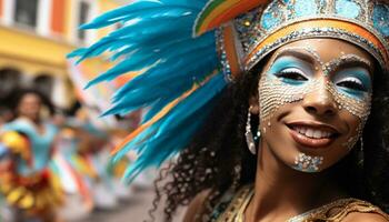 ai generado sonriente joven mujer en tradicional brasileño festival disfraz generado por ai foto