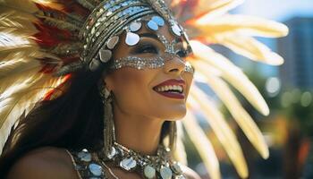 ai generado sonriente joven mujer en tradicional brasileño disfraz bailando generado por ai foto