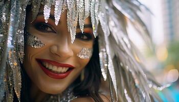 ai generado sonriente joven mujer celebra con elegancia y glamour generado por ai foto